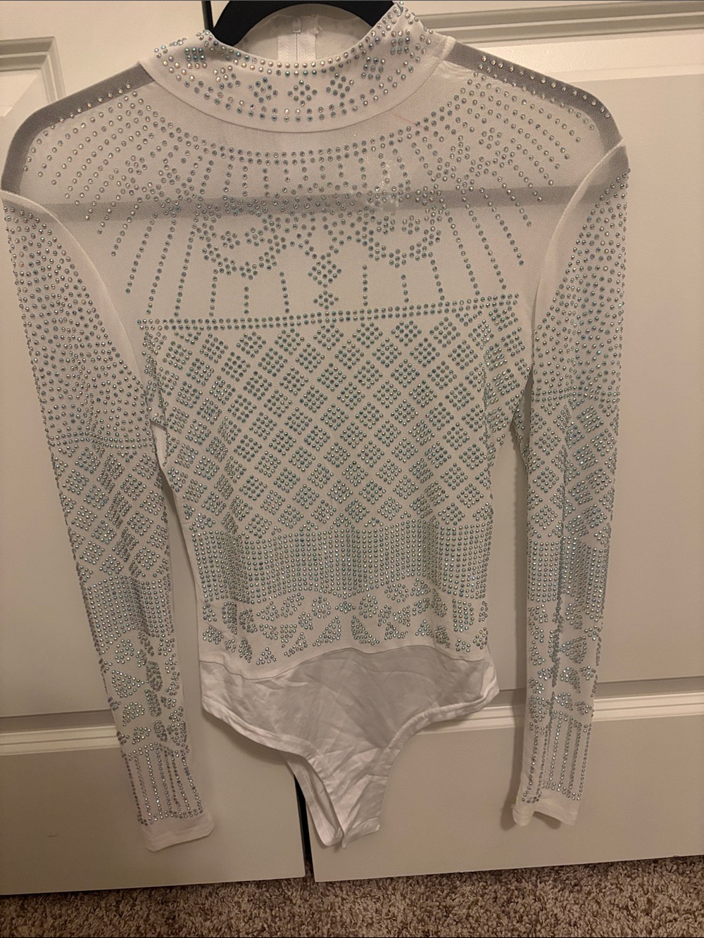 Women's White Long-Sleeve Embellished Bodysuit